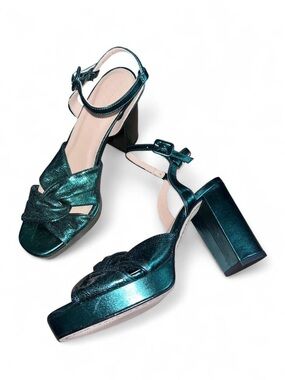 Boden Metallic Emerald Green Knot Front Block Heel Platform Sandals